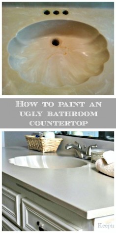 Transform an ugly bathroom countertop with paint!  I did this to our bathroom vanity in 2011 and the finish is still as tough and durable as ever.  If you'd like a new look but don't have a lot of money, this is the way to go!