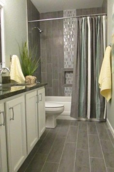 Transitional Full Bathroom with Flat panel cabinets, Stafford Shower Curtain, Simple Granite, High ceiling, slate tile floors