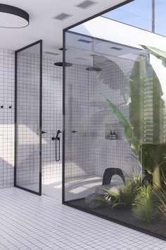 Tropical jungle atrium and double shower | Urban contemporary bathroom. Design by Eleni Psyllaki @Eleni | My Paradissi
