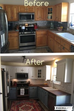 Two toned cabinets. Valspar Cabinet Enamel from Lowes = Successful kitchen updating! Best cabinet paint by far!