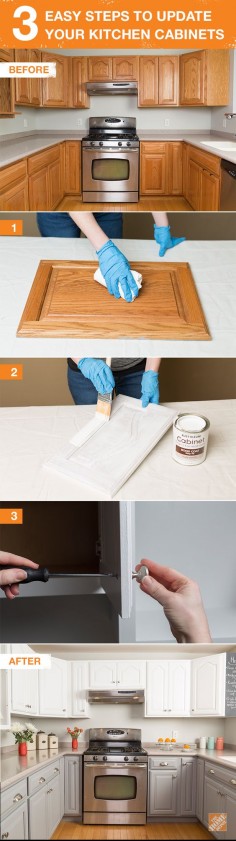 Update your kitchen cabinets in 3 easy steps. With Rust-Oleum paint, you can give your kitchen a new, refreshed look. Save time and money with this DIY tutorial on The Home Depot Blog.