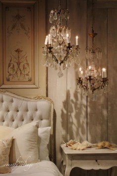 Vintage French Soul ~ I'm in love with the idea of two mini chandeliers hung together for impact. the shadows set such a lovely mood.