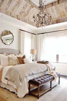 Wall paint color is Greek Villa from Sherwin Williams. Bedroom ceiling is reclaimed barnwood.