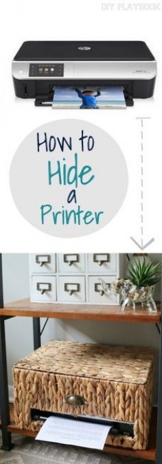 Want to organize your office? Try this idea to hide your home printer in a basket. Seriously genius!
