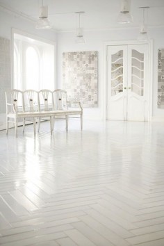 white herringbone floor -- Can this be done with engineered/composite hardwood in basements? Would love with darker walls and white coffer ceiling.