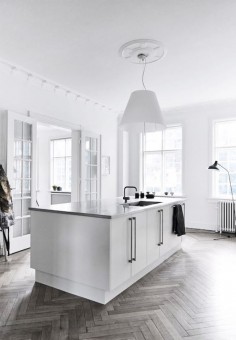 White kitchen, Herringbone Floors, Mantis lamp