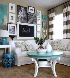 white tan blue living room -- I think we should really look into this color scheme! Love all I need is some couch covers.