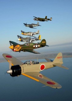 WWII era aircraft - Japanese Zero, P-40, two P-51 Mustangs, Corsair, and a B-25. All part of the Texas Flying Legends collection.
