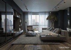 A Dark and Calming Bachelor Pad with Natural Wood and Concrete