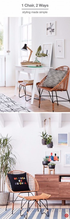 Adding this sculptural rattan chair to a room will create a stylish impact that’s still relaxed and low profile. Use it as a place to rest a bag or put on your shoes at the entry, or use it to create texture and interest in small spaces—a throw pillow makes it cozy and you can use the ottoman for additional elevated storage under a console table.