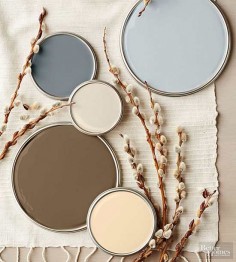 Although this stony-tone palette's charcoal and ash grays read as cool, reddish undertones heat up the cocoa brown, cream, and khaki hues to create a perfectly balanced mix of warm and cold temperatures. Try this palette in rooms outfitted with naturally warm-stained cabinets, flooring, and 