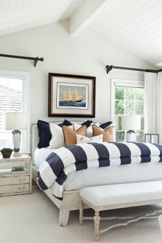 Beach House with Classic Coastal InteriorsBenjamin Moore Oyster shell 864. {The entire main floor is painted in this gentle color} Bedding was custom designed by the designer.