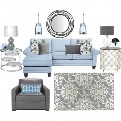 Blue, white and gray living room. love it for our living room. with the dark wood i think it would look nice