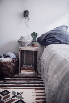 Boho grey and blue bedroom.