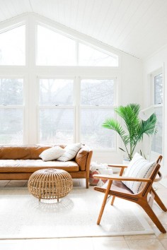 Bright living room with a leather couch and indoor plant