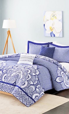 cheerful blue and white bedroom