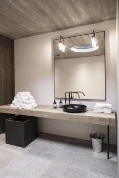 ~ concrete counter + minimal bathroom + white walls + mirror lighting