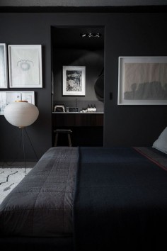DARINGLY DARK INTERIORS: mysterious #modern #bedroom space with masculine fabrics, colors + decor