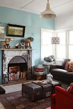 distressed fireplace +  vintage  living room could look like this