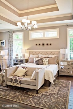 Dreaming of a luxurious master bedroom? Create your own relaxing retreat with a few furniture staples: a stately bed, stunning side tables, a chic bench at the foot of the bed, a dazzling area rug, and beautiful décor accents.