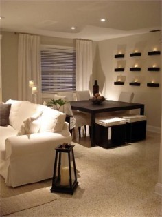HGTV - dining rooms - square dining table, espresso dining table, dining stools, wall shelves, chunky wall shelves, White slipcovered sofa and