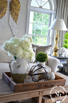I love the idea of putting the coffee table decor on a wooden tray. Looks great and makes it easy to move out of the way when needed!