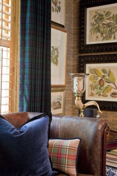 I love this look: tartan, old leather chesterfield, botanical prints, grass cloth, blue and white  just lovely.