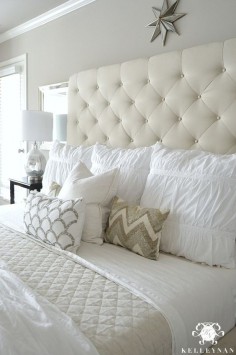 - Kelley Nan: Master Bedroom Update- Calming White and neutral master bedroom with tufted ottoman stools, Pottery Barn Tall Lorraine Headboard, Diamond linen quilt and hadley ruched duvetKelley Nan: Master Bedroom Update