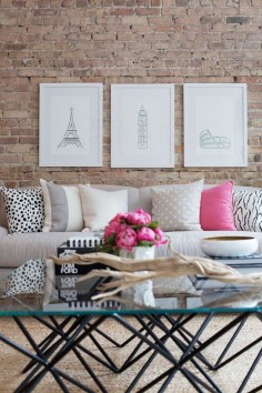 Love these pencil drawings wall art in this living room collage. Pretty and effective.