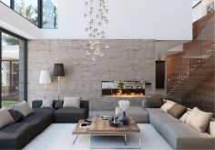 love this room! Everything about it! The stairs, the accent wall, the lighting, & fireplace