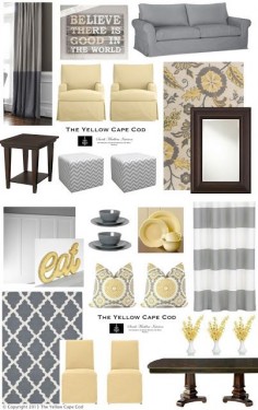 Love yellow and grey with dark wood. Perfect for my living room.