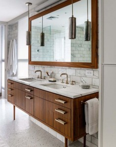 Midcentury style bathroom with marble and walnut.