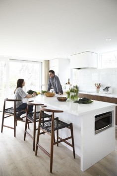 Modern white kitchen with wood bar stools