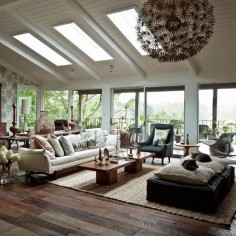 Modern wood living room. This nature-inspired living room changes with the seasons. In summer, the doors to the deck open up and the view comes inside. In winter, the soft furnishings and fireplace create a cosy feel.