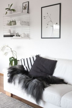 monochrome Nordic living room, Icelandic sheepskin