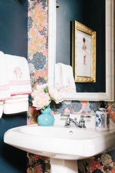 powder bath, wallpaper, floral, monogra