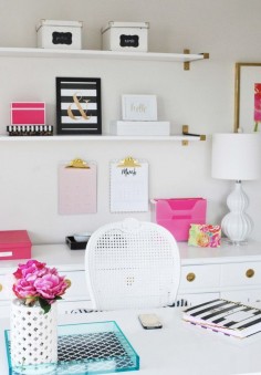 See this home office inspired by Kate Spade with gold, pink and  and inexpensive decor ideas!