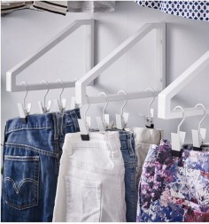 Shelf Bracket Closet DIY by Livet Hemma Turn some shelf brackets literally upside down and let your clothes, shoes and jewelry become part of the decor. Perfect for a dorm space.
