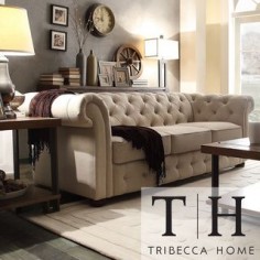 Tribecca Home Knightsbridge Beige Linen Tufted Scroll Arm Chesterfield Sofa