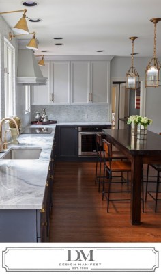 Two Tone Gray Kitchen, Brass Accents, Marble Tile, Quartzite Counters